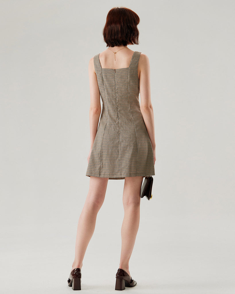 Brown Plaid Button Slip Mini Dress - RIHOAS