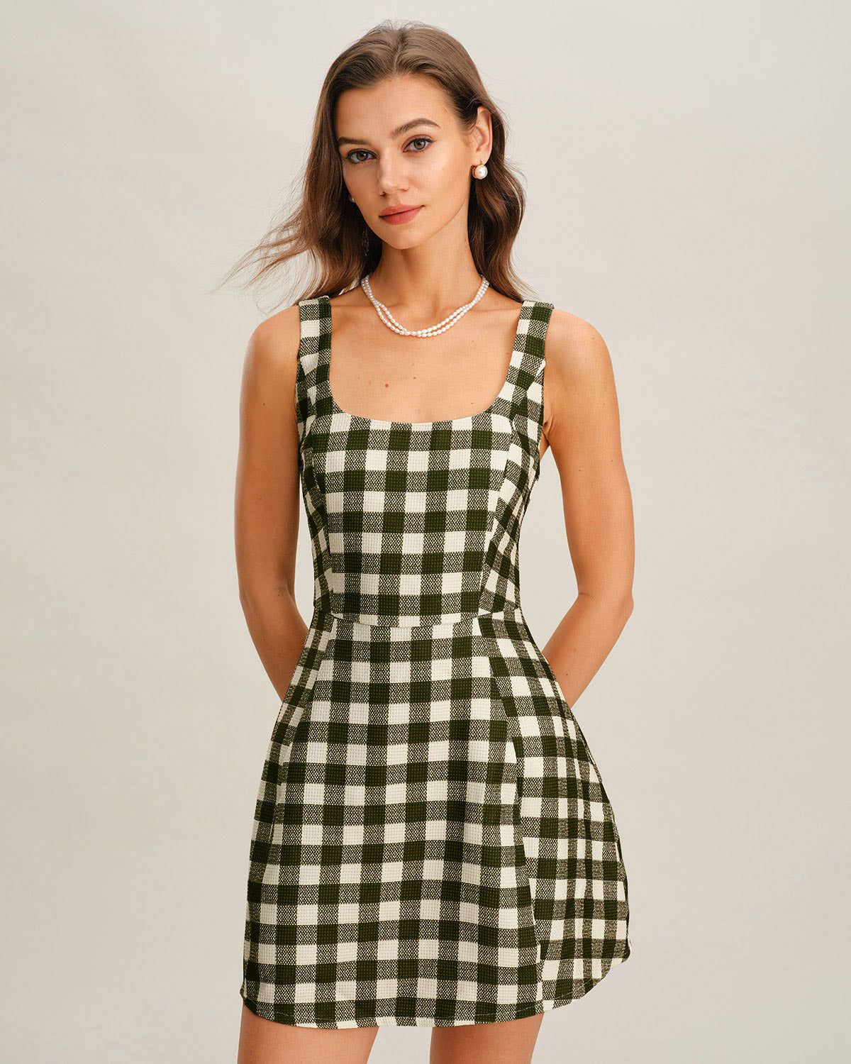 Rihoas Plaid Sleeveless Mini Dress, Green / S