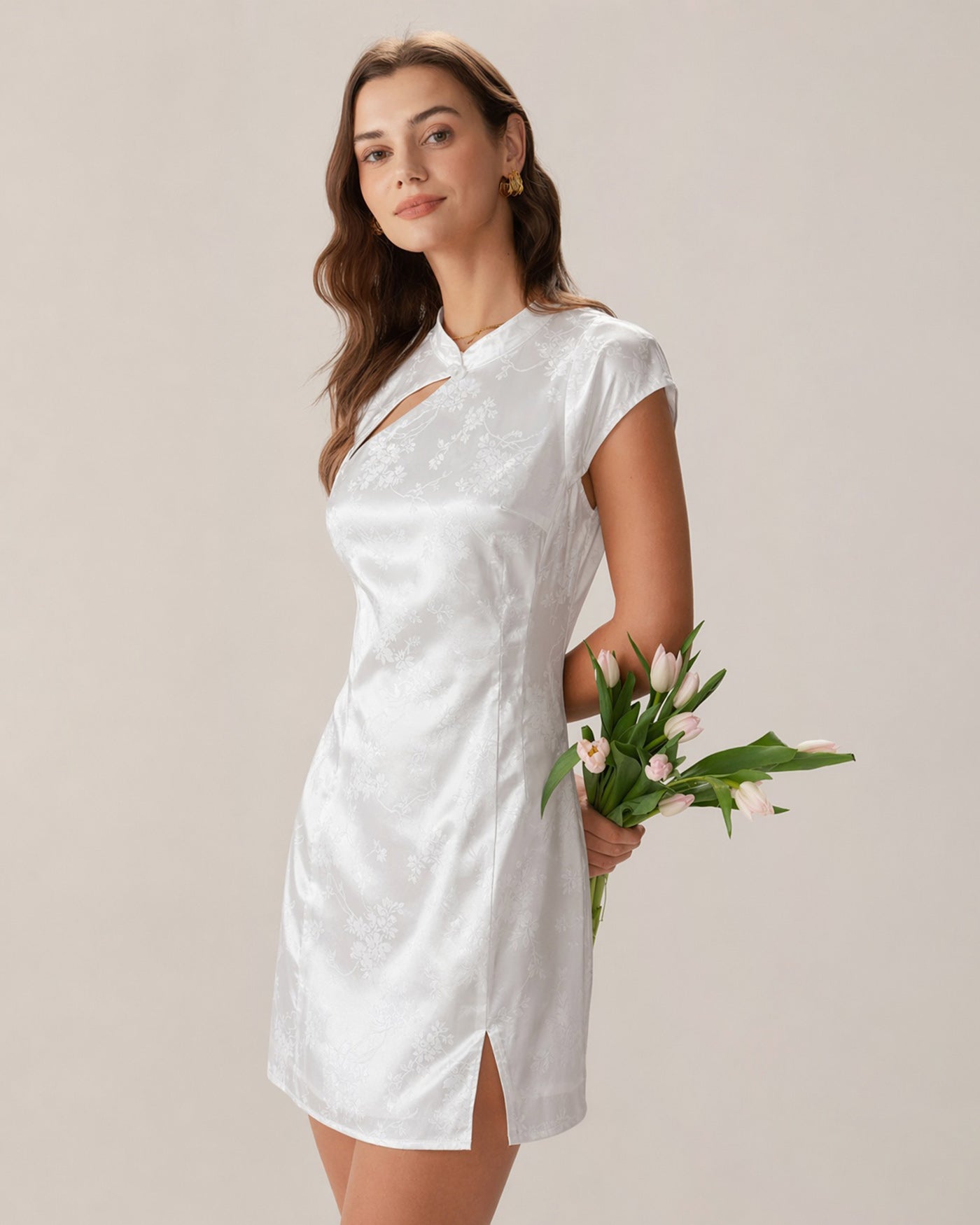 white silk dress mini White Mandarin Collar Jacquard Mini Dress & Reviews - White - Dresses