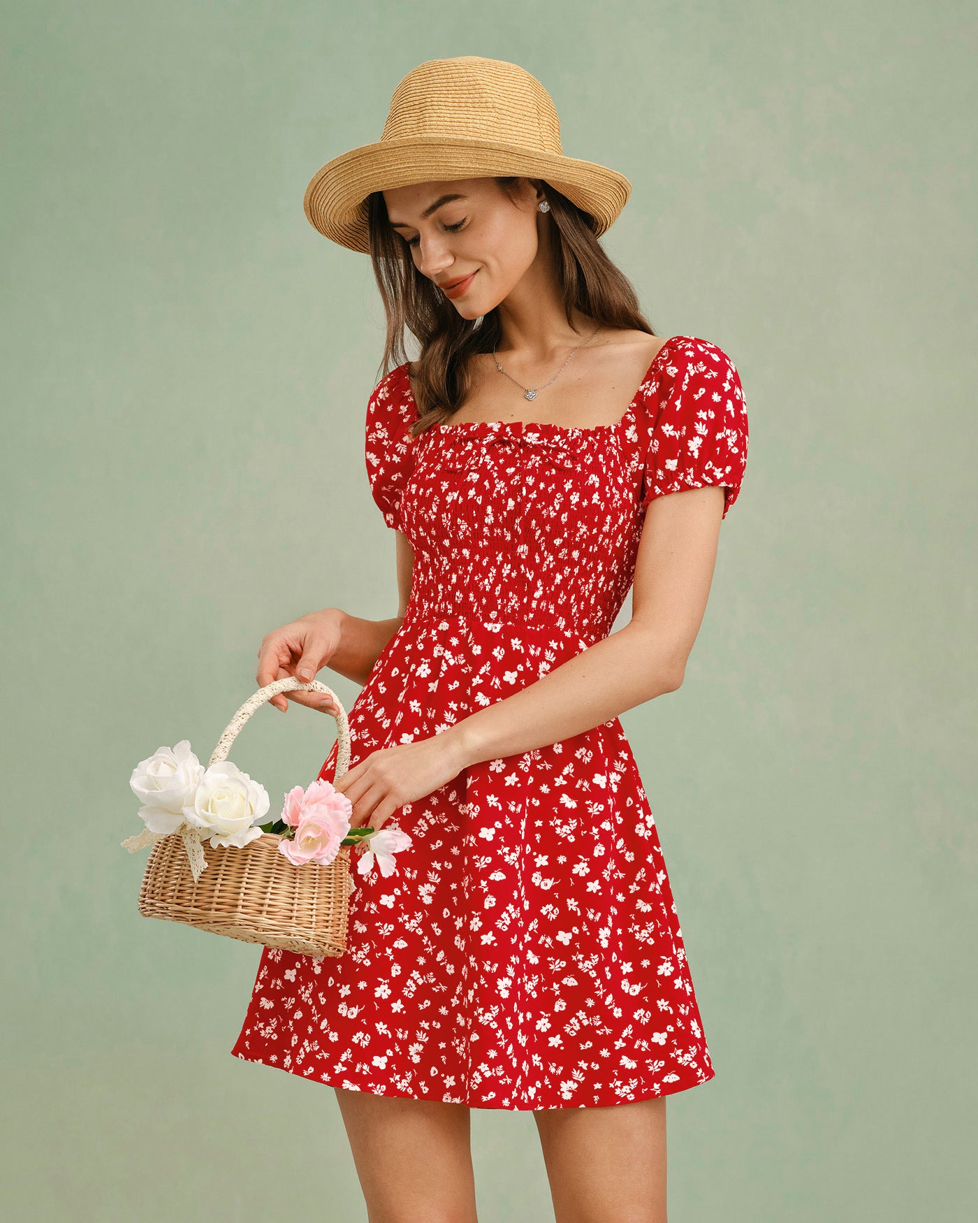 Rihoas Ditsy Floral Square Neck Puff Sleeve Mini Dress