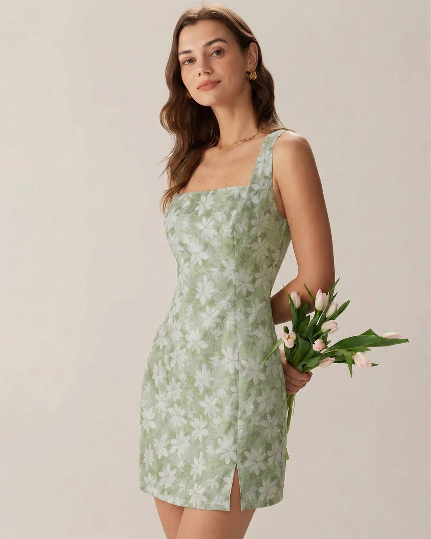 Green Square Neck Slit Floral Mini Dress & Reviews - Green - Dresses