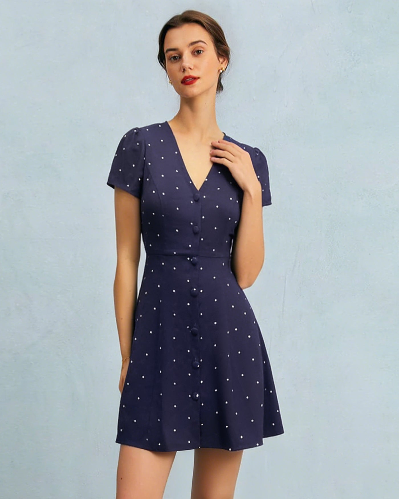 Blue V Neck Polka Dot Button Mini Dress & Reviews - Green,Blue - Dresses | RIHOAS Blue V Neck Polka Dot Button Mini Dress & Reviews - Green,Blue - Dresses | RIHOAS