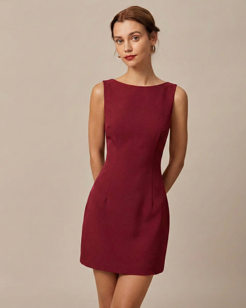 Rihoas Boat Neck Backless Mini Dress, Red / L Rihoas Boat Neck Backless Mini Dress, Red / L