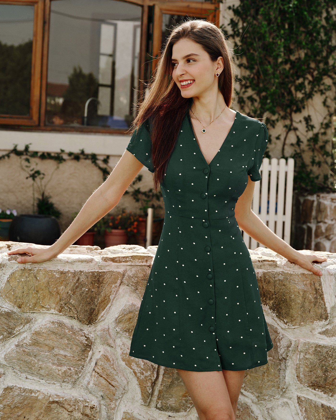 Green V Neck Polka Dot Mini Dress Green V Neck Polka Dot Mini Dress