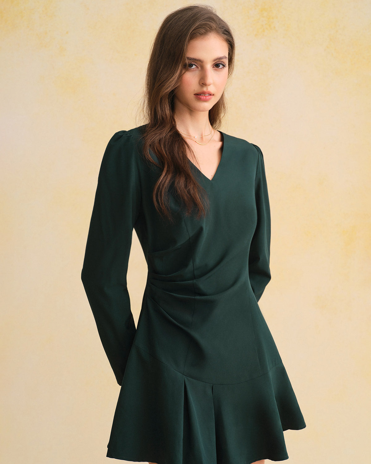 Rihoas Ruched V Neck Mini Dress, Green / XS