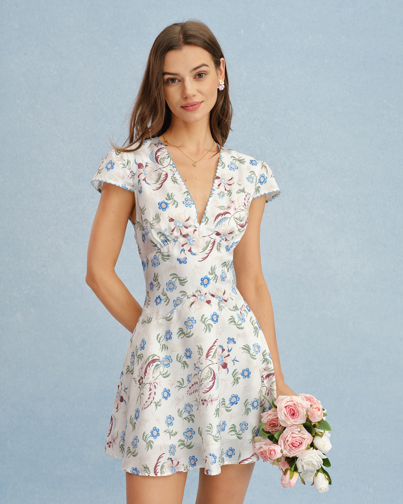 Off White V Neck Floral Tunic Mini Dress & Reviews - Off White - Dresses | RIHOAS Off White V Neck Floral Tunic Mini Dress & Reviews - Off White - Dresses | RIHOAS