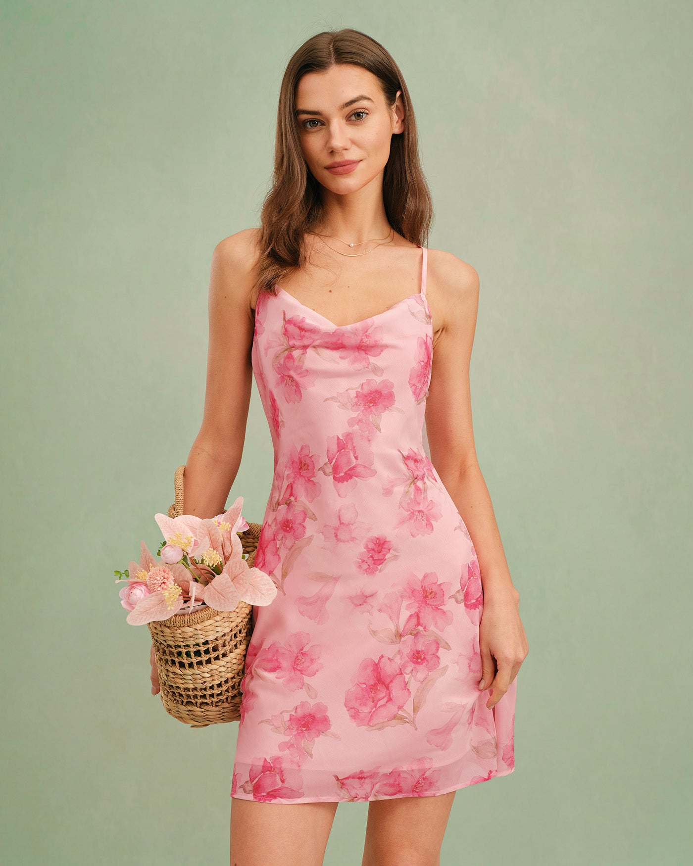 Pink Cowl Neck Floral Slip Mini Dress & Reviews - Pink - Dresses | RIHOAS Pink Cowl Neck Floral Slip Mini Dress & Reviews - Pink - Dresses | RIHOAS