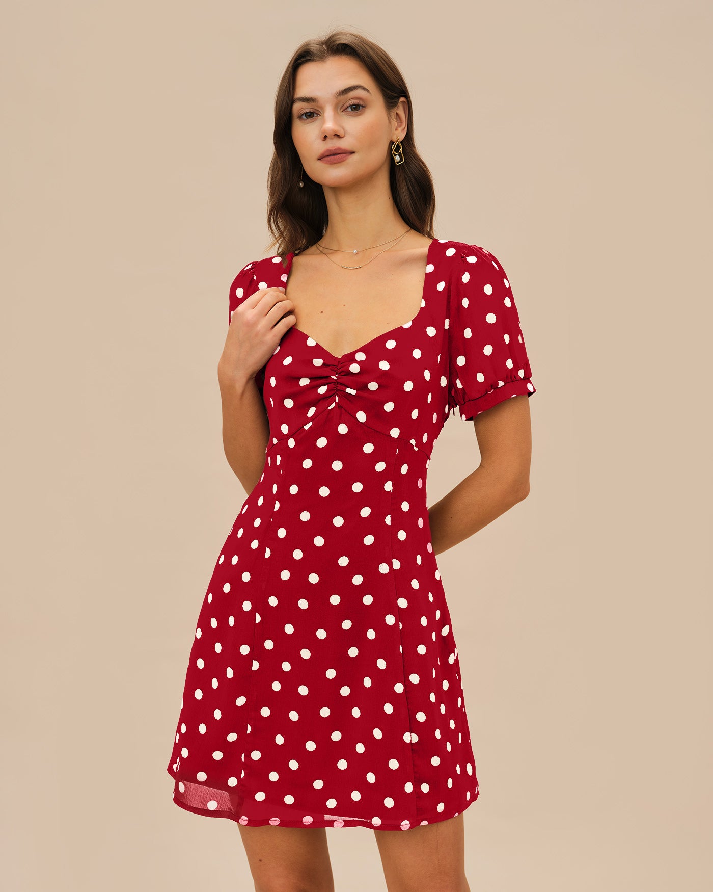 Red Puffed Sleeve Polka Dot Mini Dress & Reviews - Red - Dresses