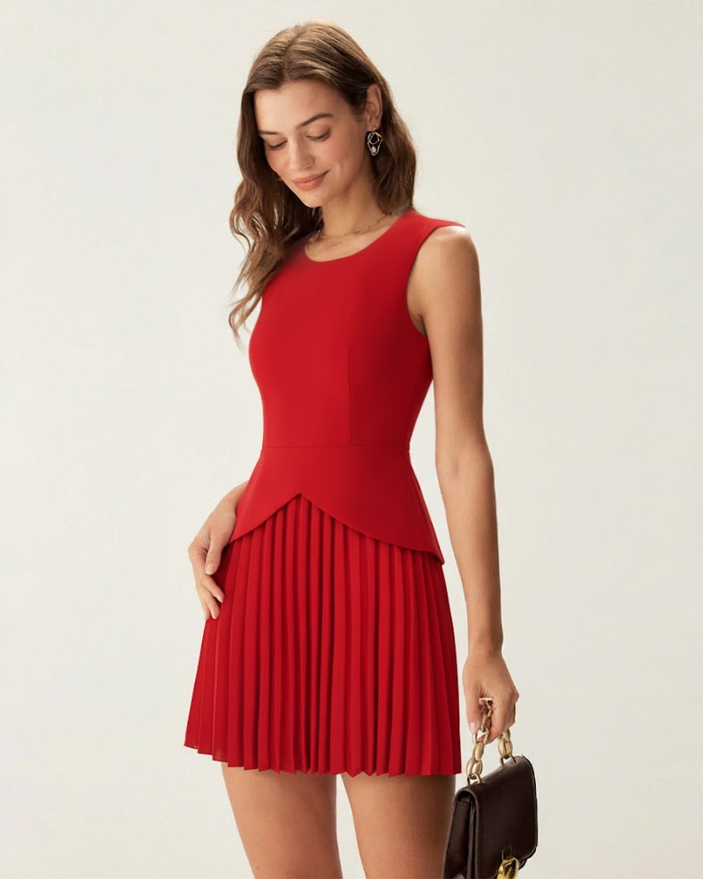Rihoas Pleated Mini Dress Sleeveless Round Neck Basque Waist for Valentine's, Date, Party, Red / L Rihoas Pleated Mini Dress Sleeveless Round Neck Basque Waist for Valentine's, Date, Party, Red / L