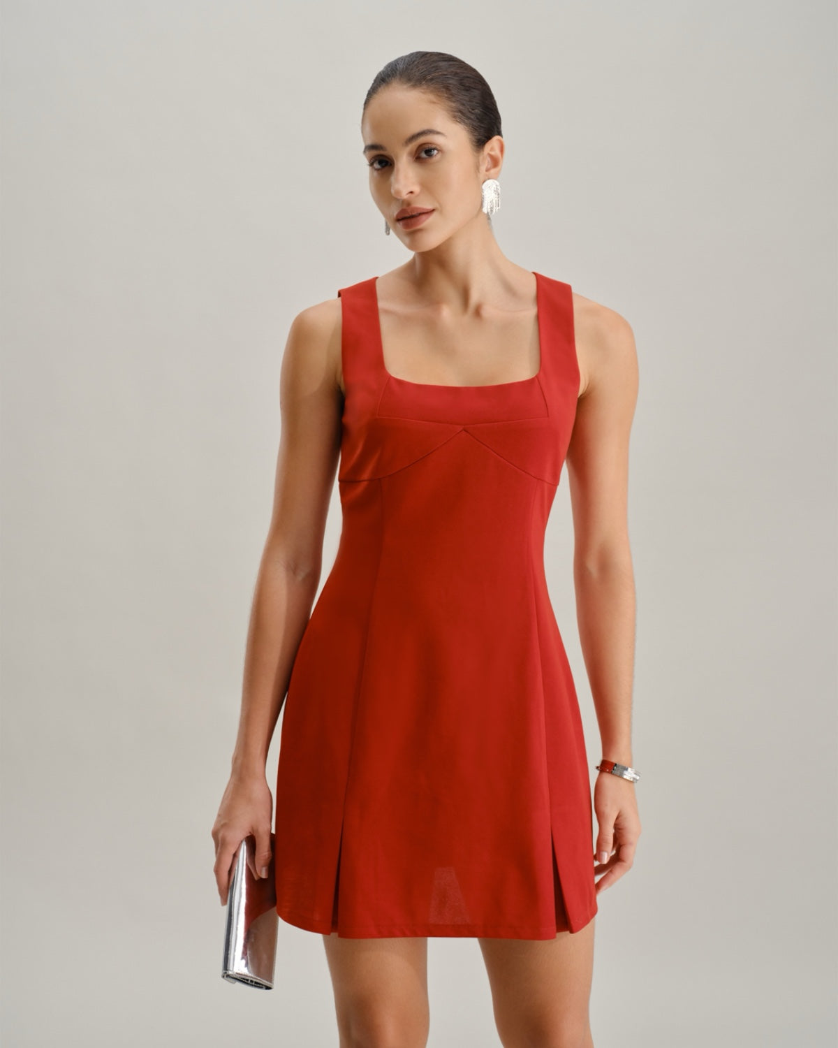 Red Square Neck A-Line Mini Dress