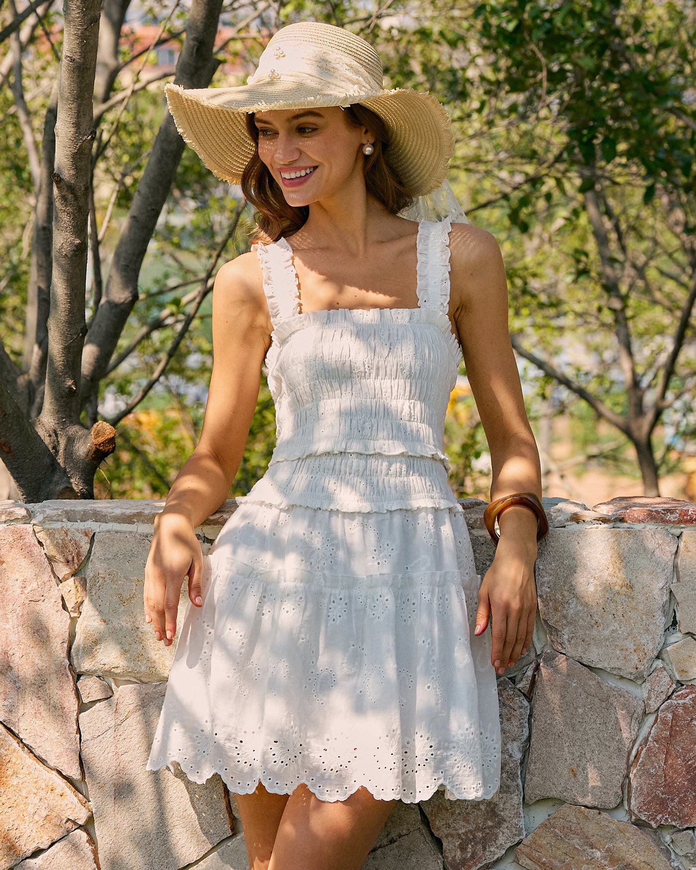 White Square Neck Shirred Mini Dress & Reviews - White