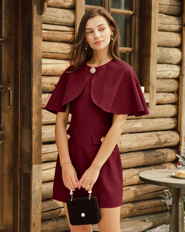 Women's Woven Polyester Mini Dress Wine Red Dresses - RIHOAS