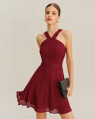 Women's Woven Polyester Mini Dress Wine Red Dresses - RIHOAS