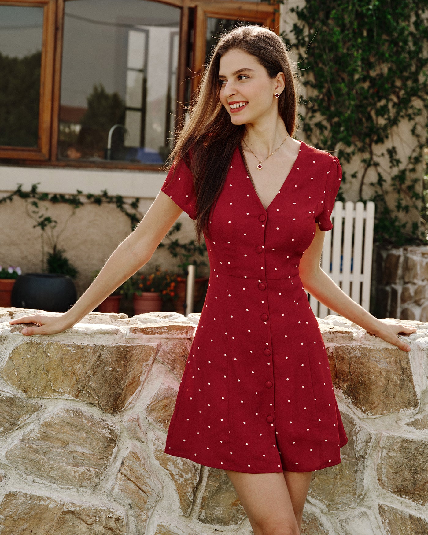 Rihoas Polka Dot Button Down V Neck Mini Dress