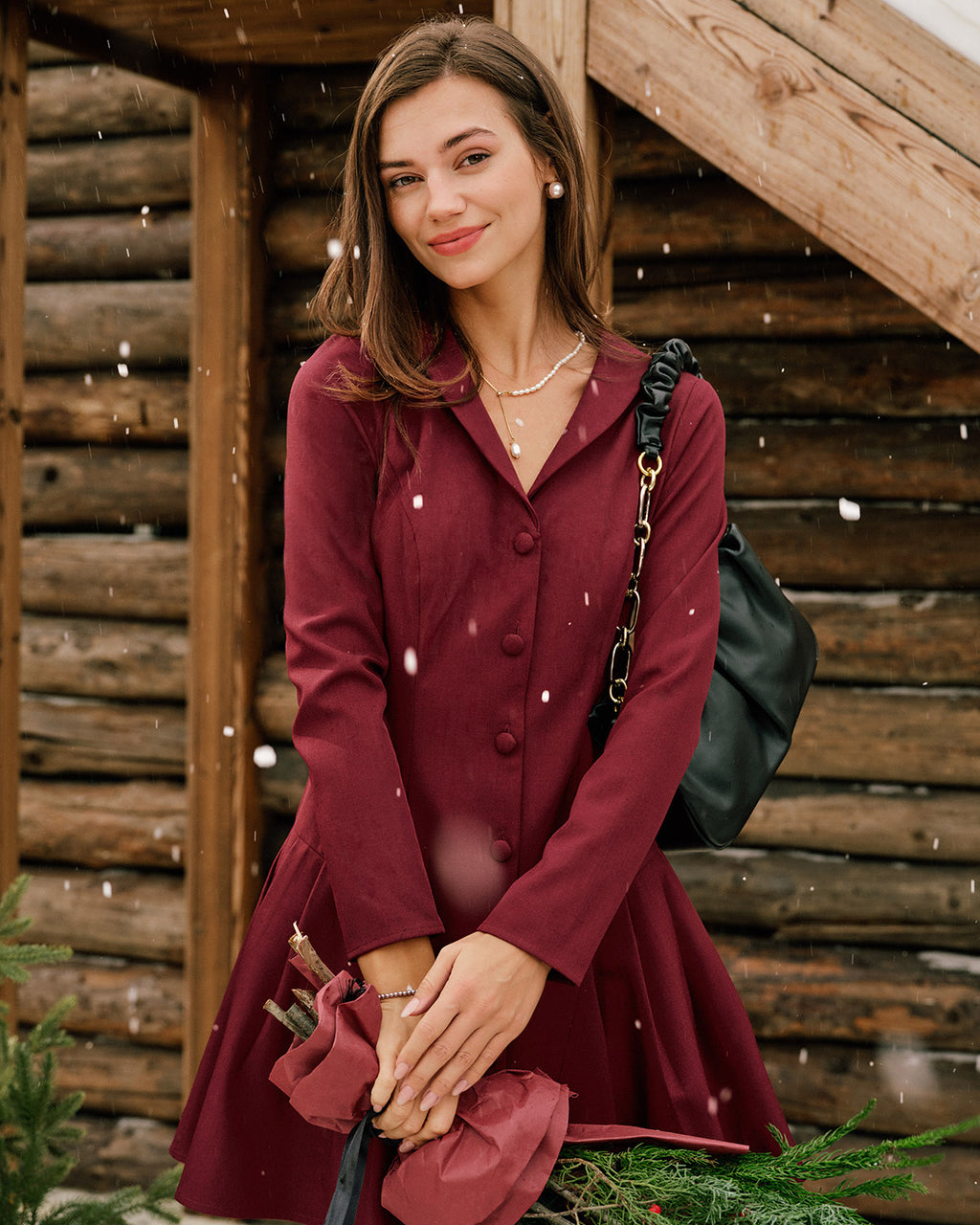 Women's Woven Polyester Mini Dress Wine Red Dresses - RIHOAS