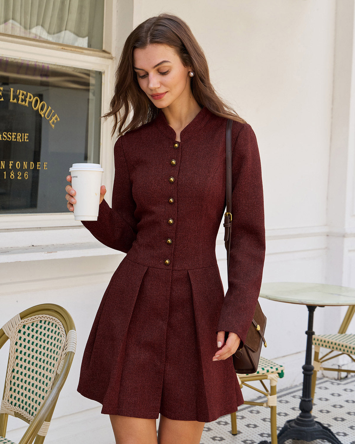 Women's Woven Polyester Mini Dress Wine Red Dresses - RIHOAS