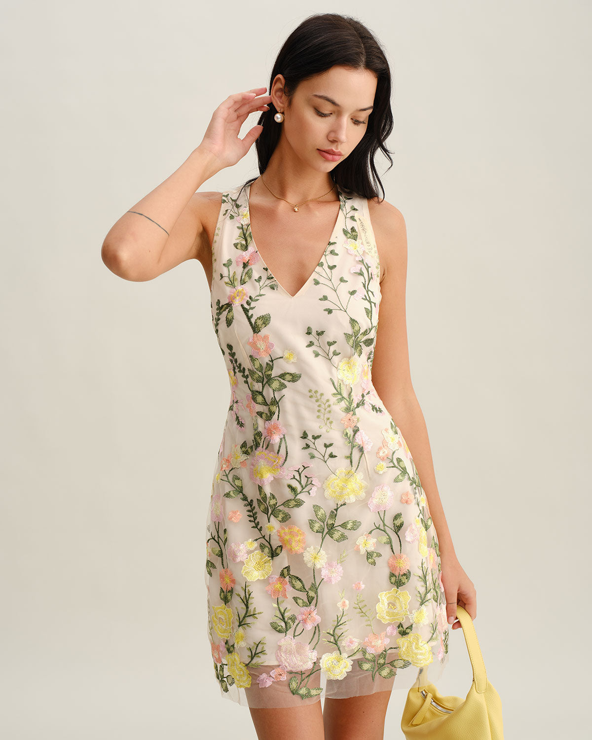 Yellow V Neck Floral Sleeveless Mini Dress Yellow V Neck Floral Sleeveless Mini Dress