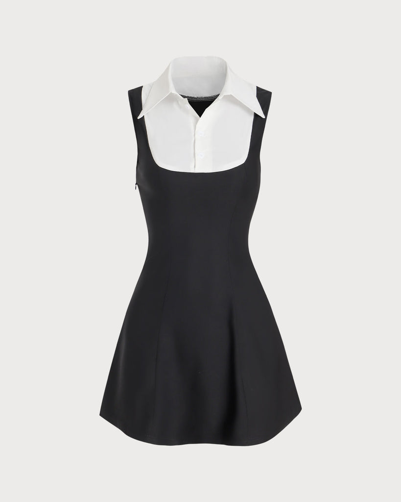 Black Contrast Sleeveless Button Mini Dress - RIHOAS