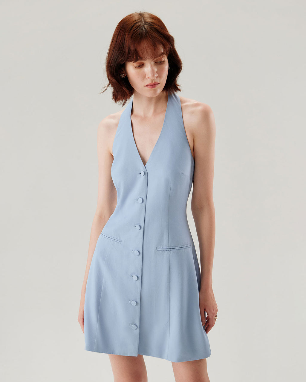 Blue Button Pocket Halter Mini Dress - RIHOAS