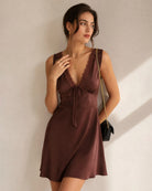 Brown Sleeveless V Neck Satin Mini Dress 03
