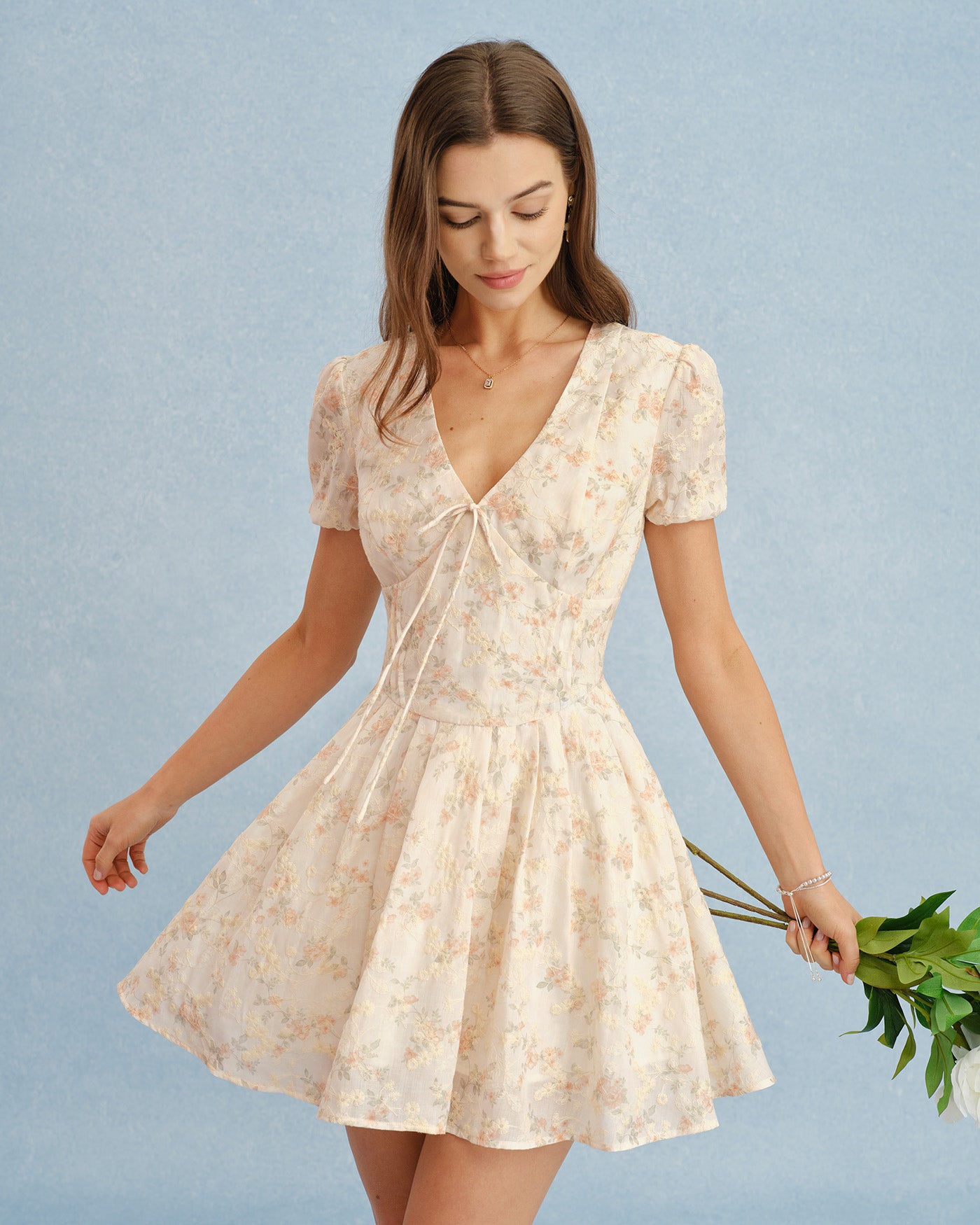 Rihoas V Neck Puff Sleeve Ditsy Floral Jacquard Tie Front Skater Mini Dress, Orange / L
