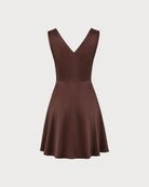 Brown Sleeveless V Neck Satin Mini Dress 06