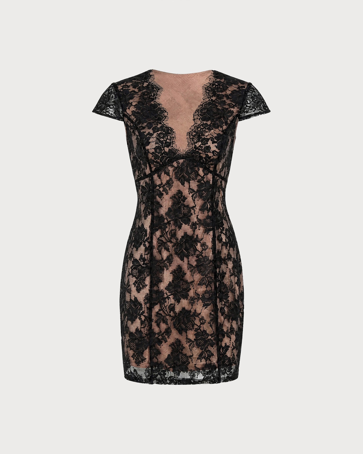Black V Neck Floral Lace Mini Dress 05