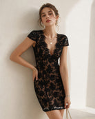 Black V Neck Floral Lace Mini Dress 03