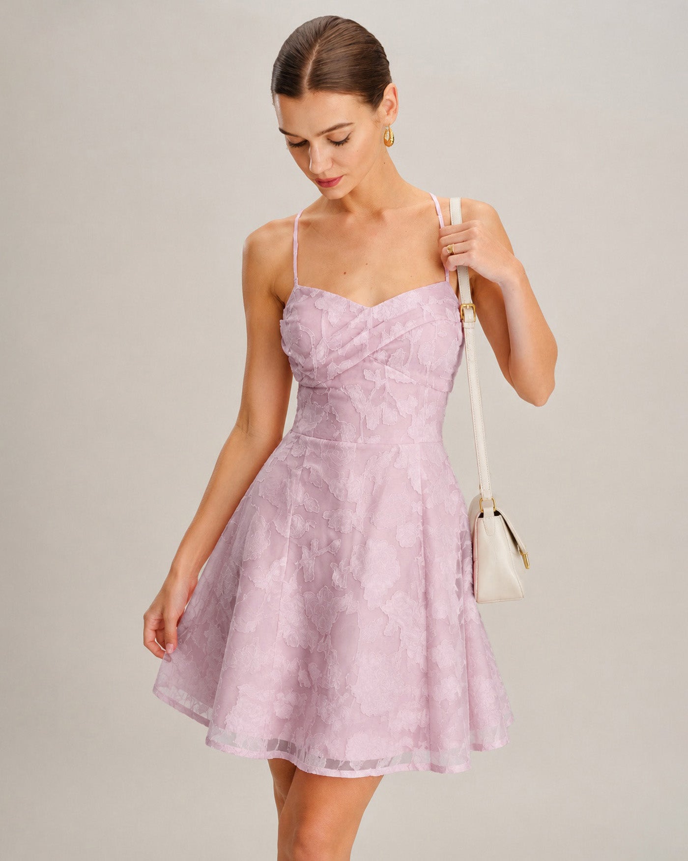 Rihoas Sweetheart Neck Spaghetti Strap Jacquard Floral Smocked Skater Mini Dress, Pink / L