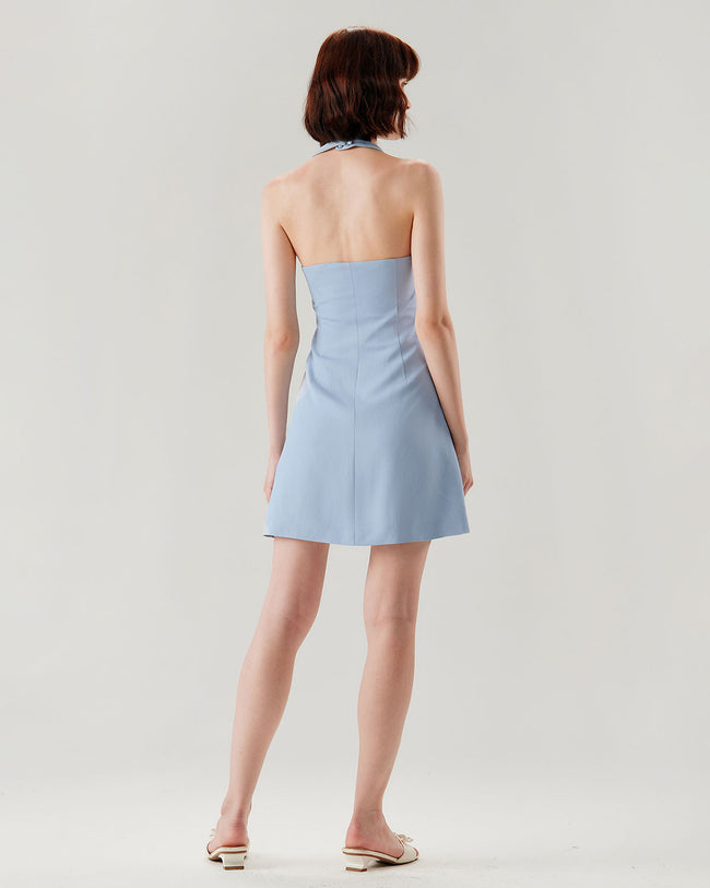 Blue Button Pocket Halter Mini Dress - RIHOAS