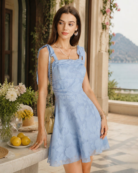 Rihoas Square Neck Tie Strap Jacquard Floral Ruched A Line Mini Dress, Blue / XL