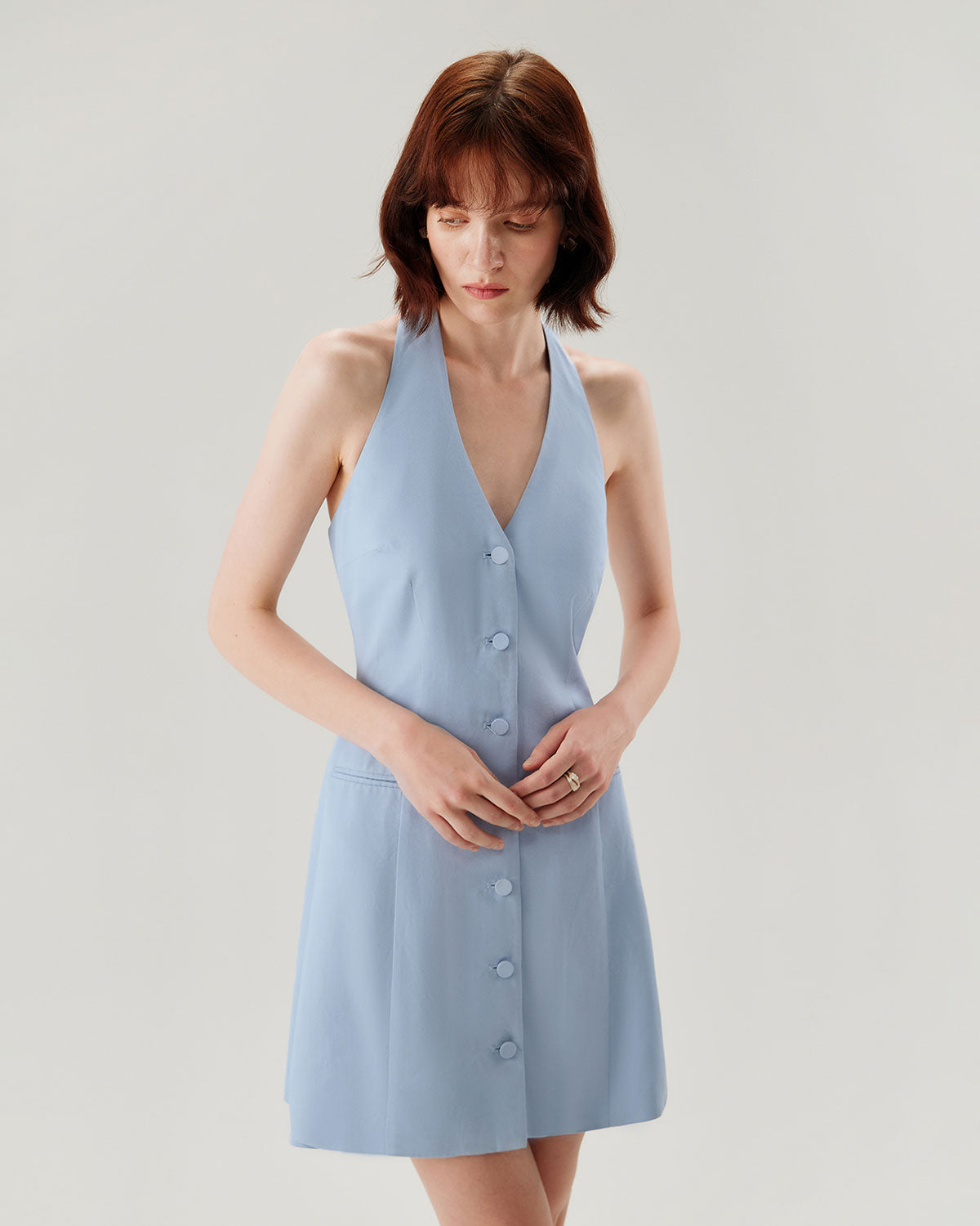Blue Button Pocket Halter Mini Dress - RIHOAS