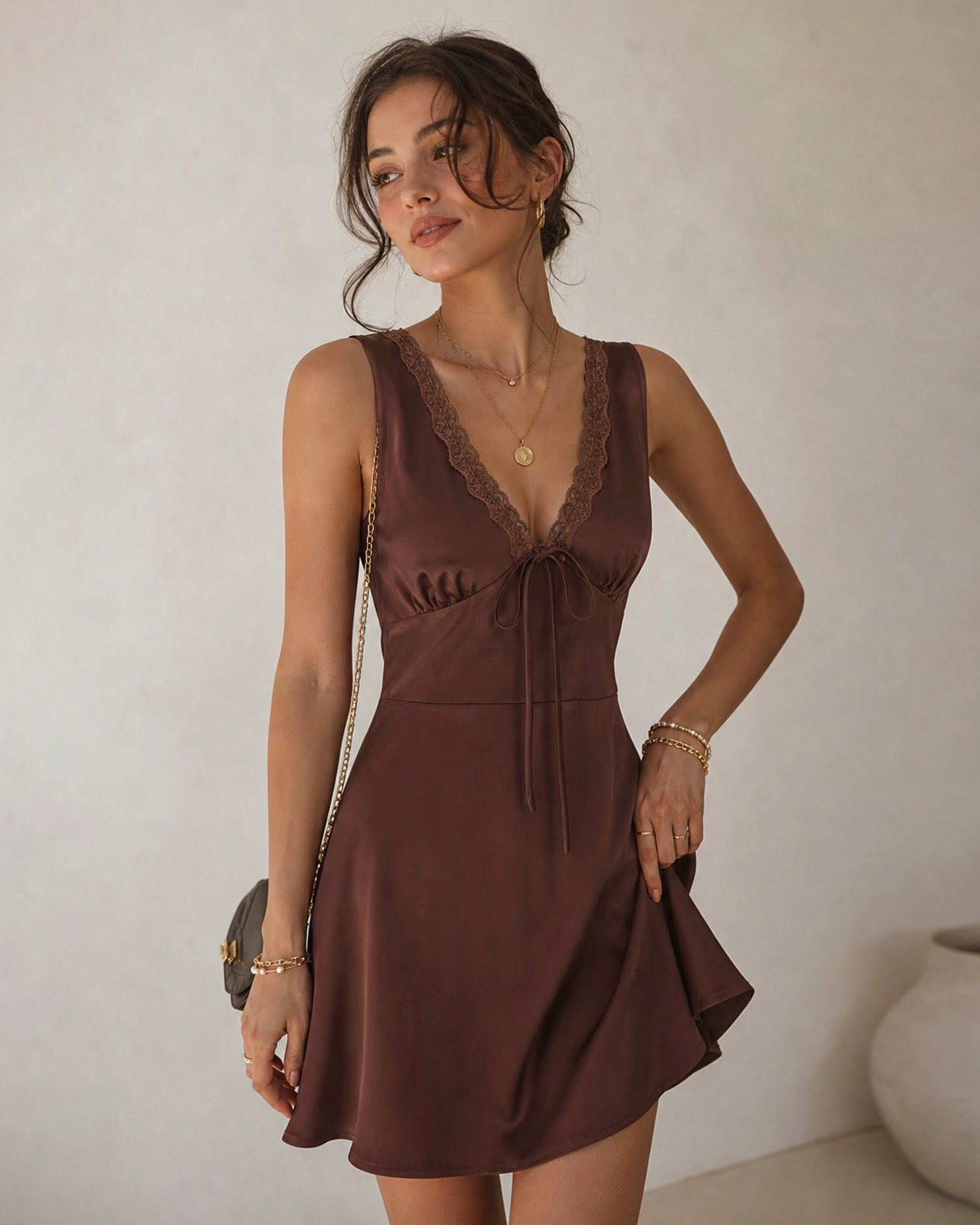 Brown Sleeveless V Neck Satin Mini Dress 02