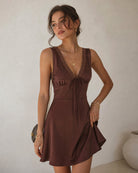 Brown Sleeveless V Neck Satin Mini Dress 02