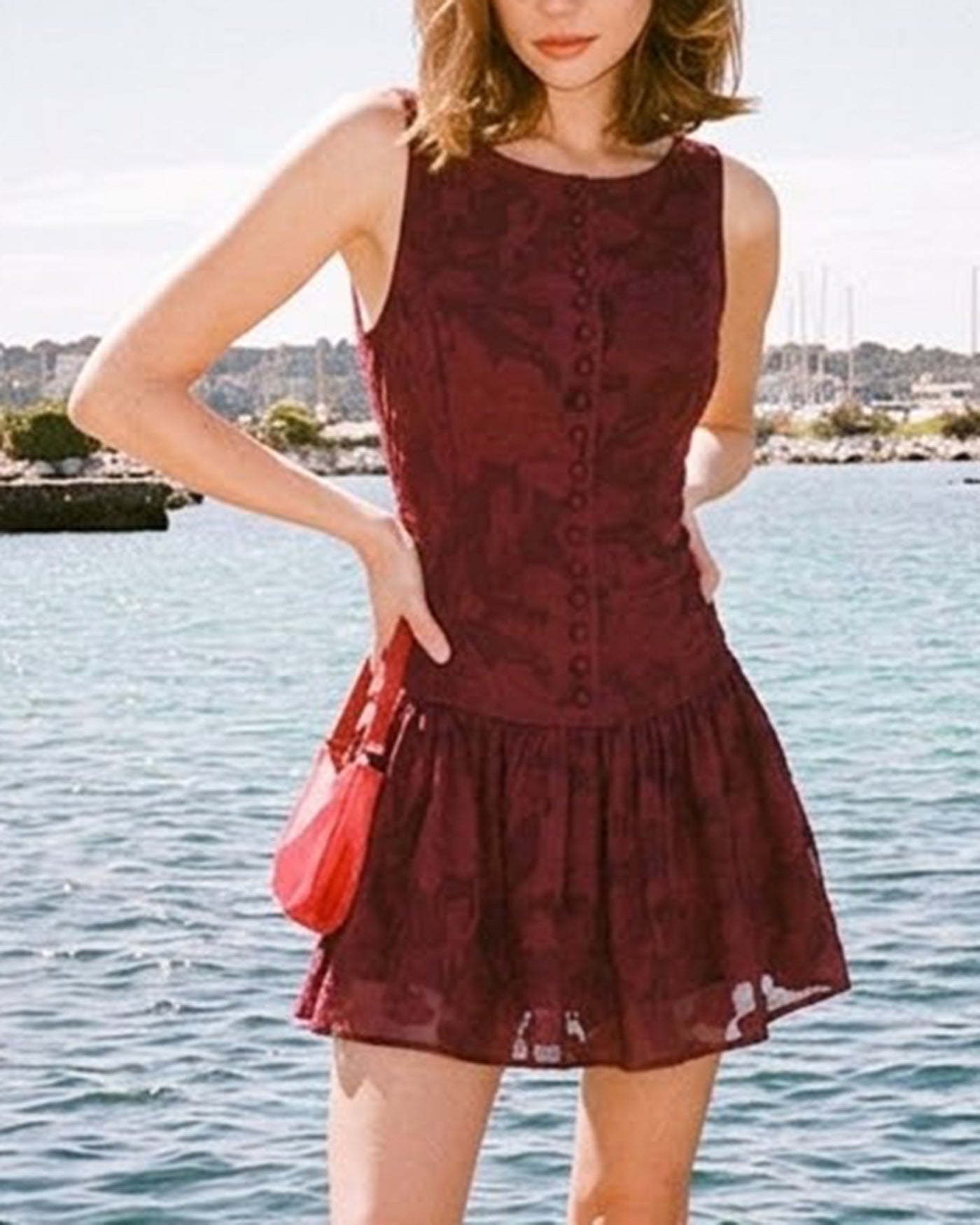 Rihoas Women's Jacquard Boat Neck A-Line Mini Dress, Wine Red / M