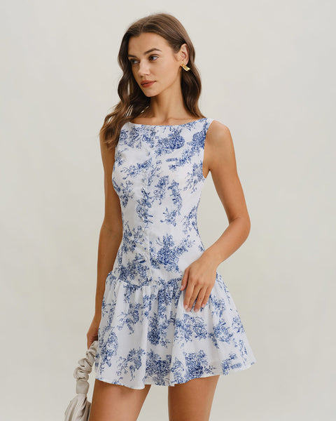 Blue Floral Boat Neck Sleeveless Mini Dress & Reviews - Blue - Dresses |  RIHOAS