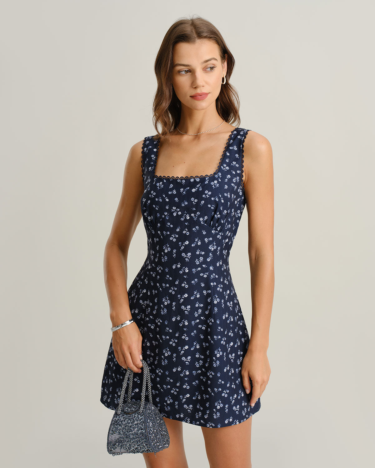 Navy Floral Square Neck Slip Mini Dress & Reviews - Navy - Dresses