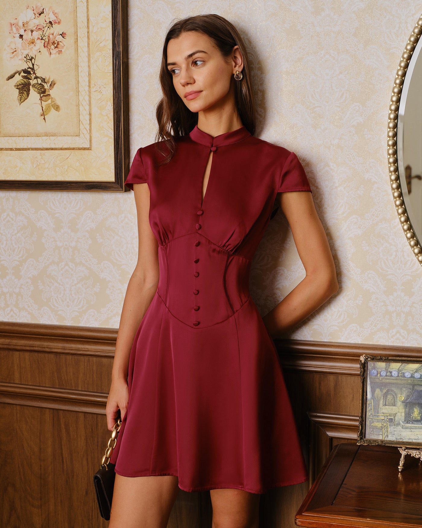 Rihoas Mandarin Collar Cap Sleeve Keyhole Cutout Solid Satin Button Front Corset Mini Dress, Red / L