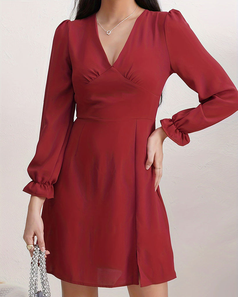 Women's Woven Polyester Mini Dresses Wine Red Dresses - RIHOAS