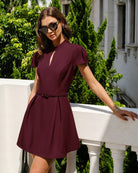 Women's Woven Polyester Mini Dresses Wine Red Dresses - RIHOAS