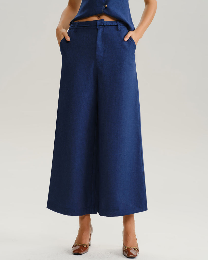 Women's Woven Polyester Pants Blue Bottoms - RIHOAS