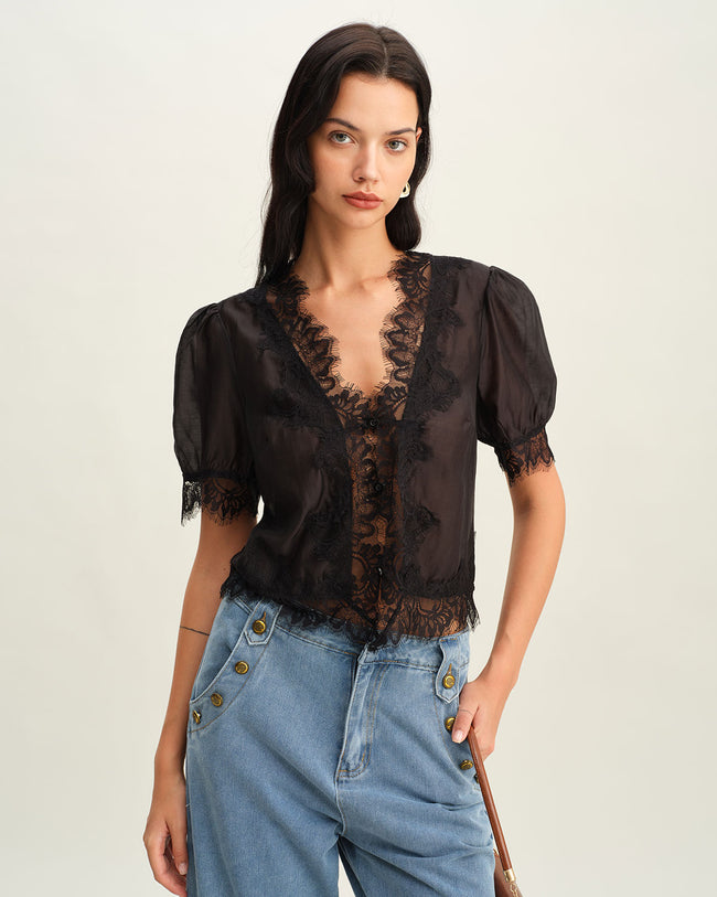 Women's Woven Polyester Shirt Black Tops - RIHOAS