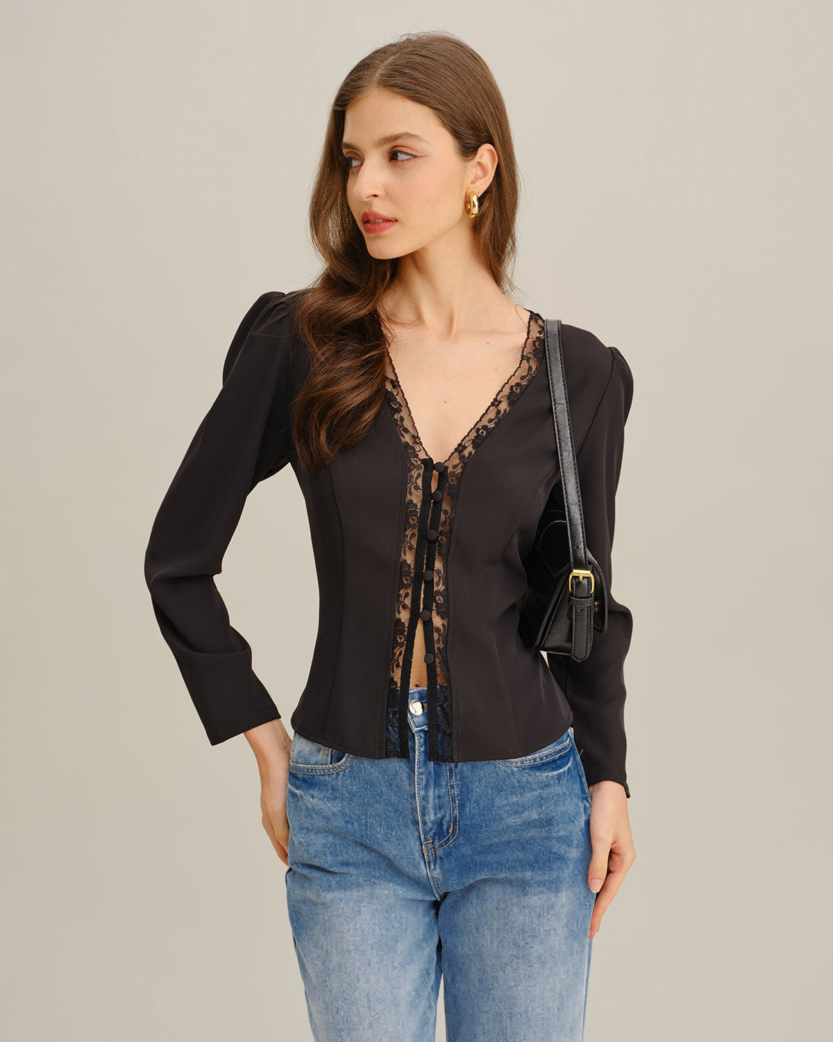 Women's Woven Polyester Shirt Black Tops - RIHOAS