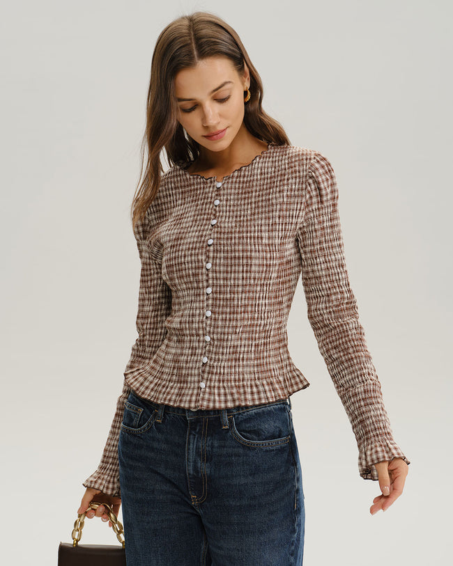 Women's Woven Polyester Shirt Brown Tops - RIHOAS