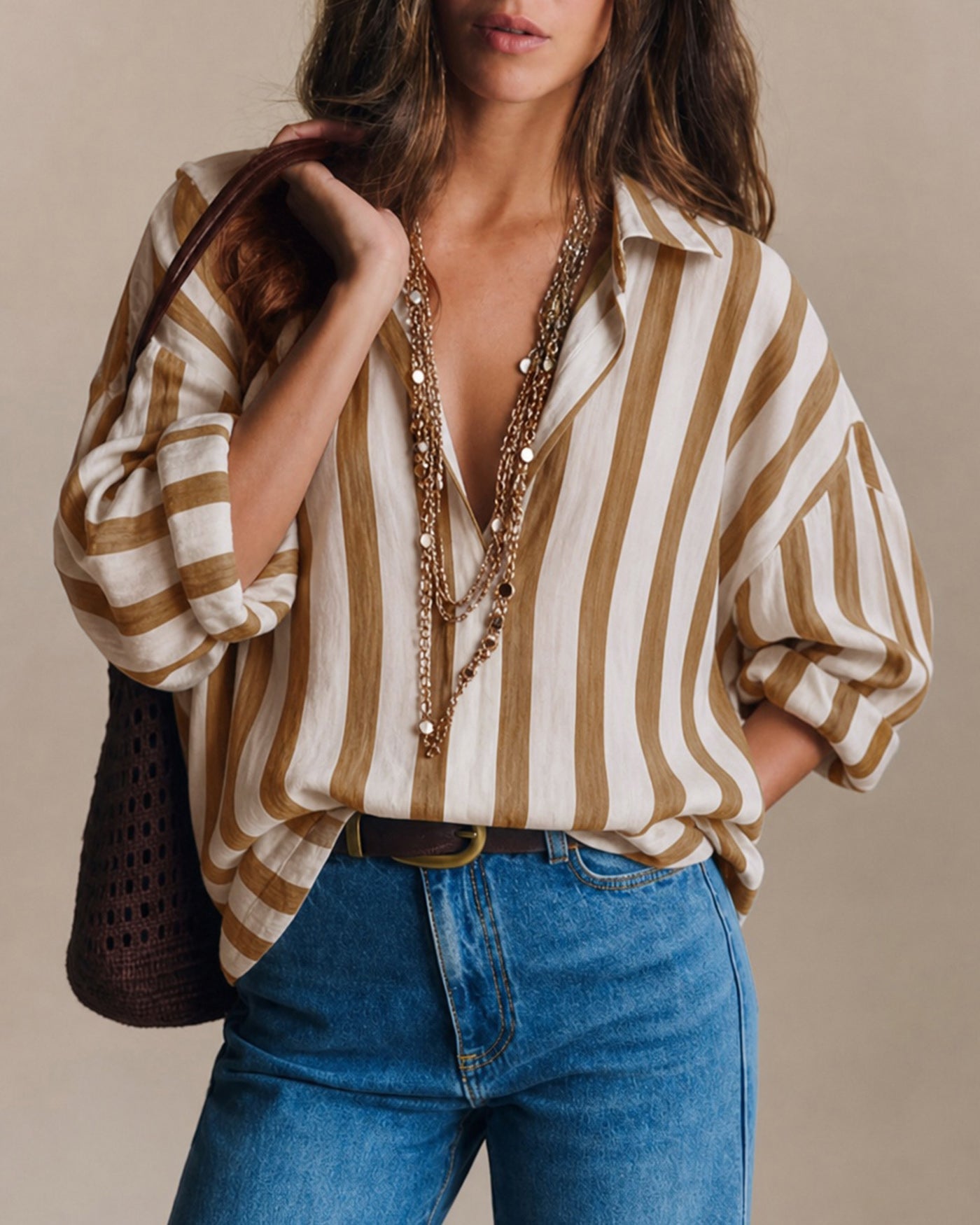 Women's Woven Polyester Shirt Brown Tops - RIHOAS