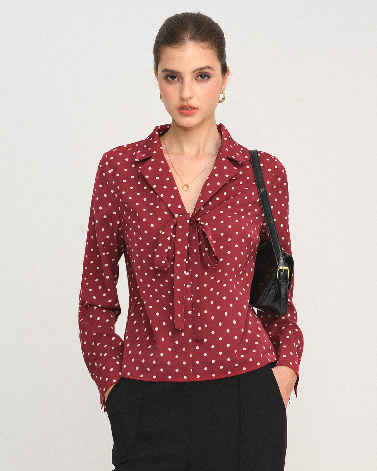 Women's Woven Polyester Shirt Dark Red Tops - RIHOAS