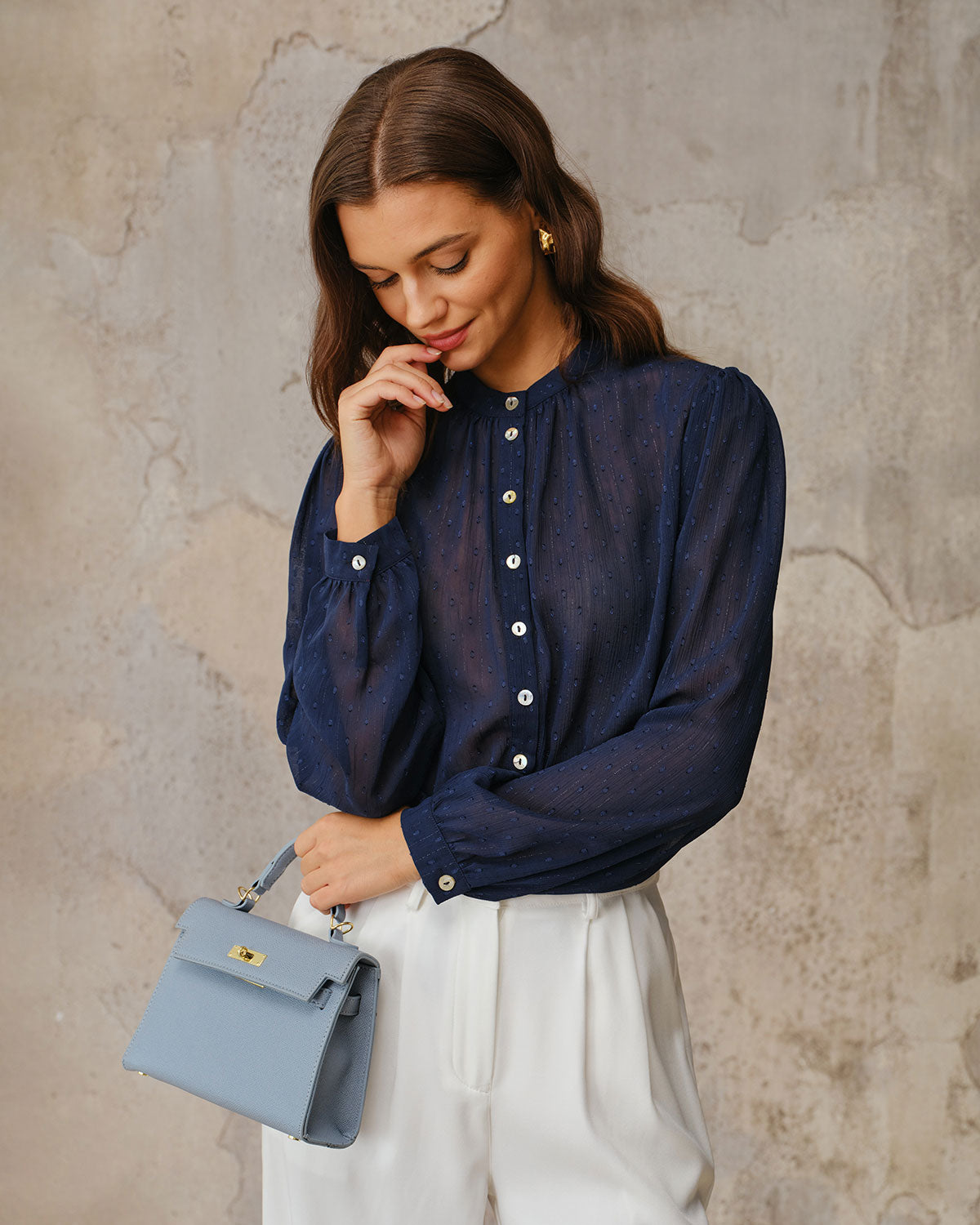 Women's Woven Polyester Shirt Navy Tops - RIHOAS