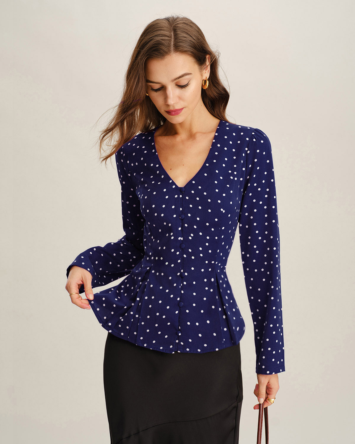 RIHOAS Navy Polka Dot V Neck Shirt