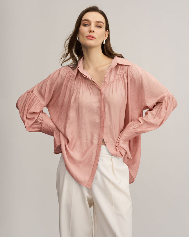 Women's Woven Polyester Shirt Pink Tops - RIHOAS