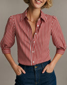 Red Collar Button Striped Shirt 01